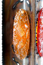 Load image into Gallery viewer, Suspension / Lustre des Potiers d'Accolay en Cuivre Patiné et Médaillons Multicolores en Résine Fractale, Circa 1970