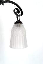 Load image into Gallery viewer, Important lustre en fer forgé, tulipes  et vasque en verre pressé-moulé, Art Deco, France, Circa 1930