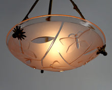 Load image into Gallery viewer, Suspension /lustre en bronze et vasque en verre pressé moulé à décor de Papillons, Degué, France, Circa 1930