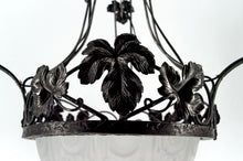 Load image into Gallery viewer, Important lustre en fer forgé, tulipes  et vasque en verre pressé-moulé, Art Deco, France, Circa 1930