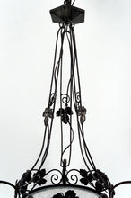 Load image into Gallery viewer, Important lustre en fer forgé, tulipes  et vasque en verre pressé-moulé, Art Deco, France, Circa 1930