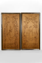 Загрузить изображение в средство просмотра галереи, Paire de Panneaux Pyrogravés, Les Saisons : Automne & Hiver, Art Nouveau, France, vers 1900