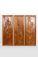 Загрузить изображение в средство просмотра галереи, 3 Panneaux en bois sculpté, Décors Floraux et Animaliers, Indochine / Vietnam, Début XXe