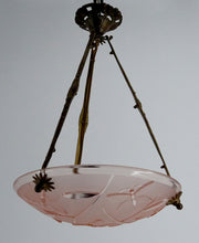 Load image into Gallery viewer, Suspension /lustre en bronze et vasque en verre pressé moulé à décor de Papillons, Degué, France, Circa 1930
