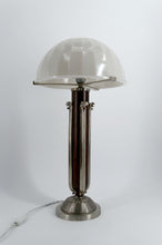 将图片加载到图库查看器,Importante Lampe de Table Art Déco Moderniste – Bois Sculpté, Bronze Nickelé & Dôme en Verre Opalin – France, vers 1930