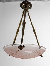 Load image into Gallery viewer, Suspension /lustre en bronze et vasque en verre pressé moulé à décor de Papillons, Degué, France, Circa 1930