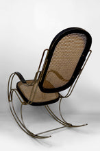 将图片加载到图库查看器,Rocking Chair Moderniste en Bois Noirci, Cannage et Structure Chromée, Circa 1960-1970