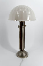 将图片加载到图库查看器,Importante Lampe de Table Art Déco Moderniste – Bois Sculpté, Bronze Nickelé & Dôme en Verre Opalin – France, vers 1930