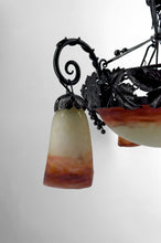 Load image into Gallery viewer, Lustre Art Déco en Fer Forgé et Pâte de Verre Soufflée par Muller Frères Lunéville, France, Circa 1920