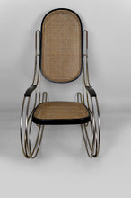 将图片加载到图库查看器,Rocking Chair Moderniste en Bois Noirci, Cannage et Structure Chromée, Circa 1960-1970