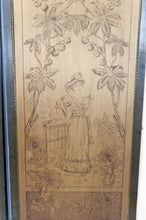 Загрузить изображение в средство просмотра галереи, Paire de Panneaux Pyrogravés, Les Saisons : Automne & Hiver, Art Nouveau, France, vers 1900