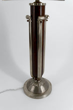 将图片加载到图库查看器,Importante Lampe de Table Art Déco Moderniste – Bois Sculpté, Bronze Nickelé & Dôme en Verre Opalin – France, vers 1930