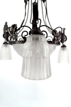 Load image into Gallery viewer, Important lustre en fer forgé, tulipes  et vasque en verre pressé-moulé, Art Deco, France, Circa 1930