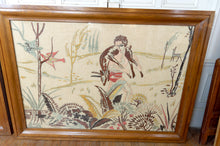 将图片加载到图库查看器,Exceptionnelle paire d'importantes tapisseries brodées Art Déco à décor de chasse primitive mythifiée, France, Vers 1930