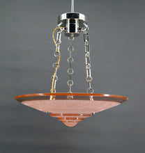 Load image into Gallery viewer, Lustre / Suspension Art Déco moderniste, en verre rose et bronze chromé, par Henry Petitot, France, Circa 1935