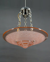 Load image into Gallery viewer, Lustre / Suspension Art Déco moderniste, en verre rose et bronze chromé, par Henry Petitot, France, Circa 1935