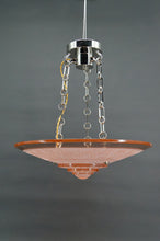 Load image into Gallery viewer, Lustre / Suspension Art Déco moderniste, en verre rose et bronze chromé, par Henry Petitot, France, Circa 1935