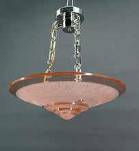 Load image into Gallery viewer, Lustre / Suspension Art Déco moderniste, en verre rose et bronze chromé, par Henry Petitot, France, Circa 1935