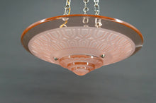 Load image into Gallery viewer, Lustre / Suspension Art Déco moderniste, en verre rose et bronze chromé, par Henry Petitot, France, Circa 1935