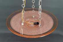 Load image into Gallery viewer, Lustre / Suspension Art Déco moderniste, en verre rose et bronze chromé, par Henry Petitot, France, Circa 1935