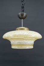 Load image into Gallery viewer, Suspension Art Déco moderniste en verre "nuagé" gravé à l'acide de formes géométriques, France, Circa 1930