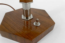 将图片加载到图库查看器,Lampe Art Déco Moderniste en Noyer, Chrome et Vitrail Bicolore, France, Circa 1930