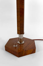 将图片加载到图库查看器,Lampe Art Déco Moderniste en Noyer, Chrome et Vitrail Bicolore, France, Circa 1930