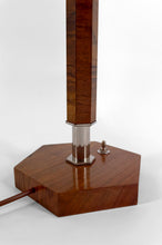 将图片加载到图库查看器,Lampe Art Déco Moderniste en Noyer, Chrome et Vitrail Bicolore, France, Circa 1930