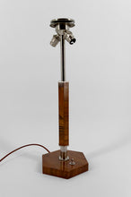 将图片加载到图库查看器,Lampe Art Déco Moderniste en Noyer, Chrome et Vitrail Bicolore, France, Circa 1930