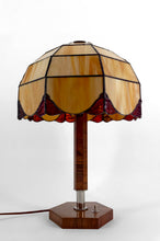将图片加载到图库查看器,Lampe Art Déco Moderniste en Noyer, Chrome et Vitrail Bicolore, France, Circa 1930