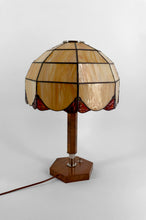 将图片加载到图库查看器,Lampe Art Déco Moderniste en Noyer, Chrome et Vitrail Bicolore, France, Circa 1930