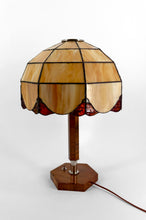 将图片加载到图库查看器,Lampe Art Déco Moderniste en Noyer, Chrome et Vitrail Bicolore, France, Circa 1930