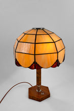 将图片加载到图库查看器,Lampe Art Déco Moderniste en Noyer, Chrome et Vitrail Bicolore, France, Circa 1930