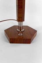 将图片加载到图库查看器,Lampe Art Déco Moderniste en Noyer, Chrome et Vitrail Bicolore, France, Circa 1930