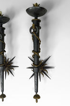 Загрузить изображение в средство просмотра галереи, Paire d'appliques flambeaux en fer forgé patiné par Gilbert Poillerat, France, Circa 1940