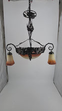 Load and play video in Gallery viewer, Lustre Art Déco en Fer Forgé et Pâte de Verre Soufflée par Muller Frères Lunéville, France, Circa 1920