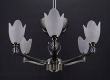 Load image into Gallery viewer, Lustre chromé Art Deco Moderniste à 6 branches, France, circa 1930
