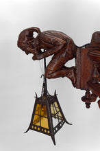 Load image into Gallery viewer, Lustre néo gothique sculpté aux bouffons et lanternes, France, circa 1900