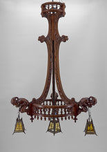 Load image into Gallery viewer, Lustre néo gothique sculpté aux bouffons et lanternes, France, circa 1900