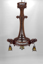 Load image into Gallery viewer, Lustre néo gothique sculpté aux bouffons et lanternes, France, circa 1900