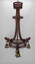 Load image into Gallery viewer, Lustre néo gothique sculpté aux bouffons et lanternes, France, circa 1900