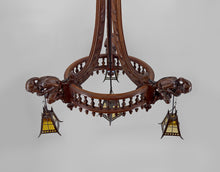 Load image into Gallery viewer, Lustre néo gothique sculpté aux bouffons et lanternes, France, circa 1900