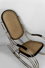 Charger l&#39;image dans la galerie, Rocking Chair Moderniste en Bois Noirci, Cannage et Structure Chromée, Circa 1960-1970
