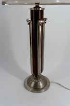 将图片加载到图库查看器，Importante Lampe de Table Art Déco Moderniste – Bois Sculpté, Bronze Nickelé &amp; Dôme en Verre Opalin – France, vers 1930
