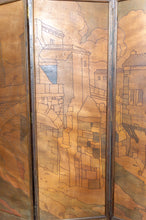 Cargar imagen en el visor de la galería, Paravent Pyrogravé, Paysage de Ville Médiévale Méditerranéenne, Art Nouveau / Art Déco, 1930
