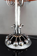 Charger l&#39;image dans la galerie, Importante Lampe à Monture Végétale Stylisée en Fer Forgé  et Dôme en Pate de Verre Marmoréenne Rouge Orangé, Art Deco, France, Circa 1930
