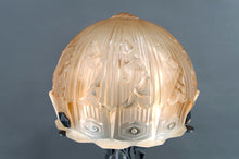 Charger l&#39;image dans la galerie, Importante Lampe Art Déco en Fer Forgé à Motifs de Papillons et Dôme Floral en Verre Pressé, Par Bartelemie, France, Circa 1925
