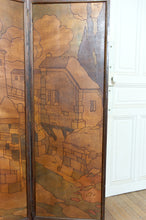 Cargar imagen en el visor de la galería, Paravent Pyrogravé, Paysage de Ville Médiévale Méditerranéenne, Art Nouveau / Art Déco, 1930
