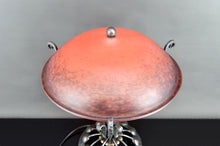 Charger l&#39;image dans la galerie, Importante Lampe à Monture Végétale Stylisée en Fer Forgé  et Dôme en Pate de Verre Marmoréenne Rouge Orangé, Art Deco, France, Circa 1930
