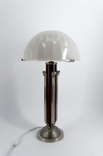 将图片加载到图库查看器，Importante Lampe de Table Art Déco Moderniste – Bois Sculpté, Bronze Nickelé &amp; Dôme en Verre Opalin – France, vers 1930
